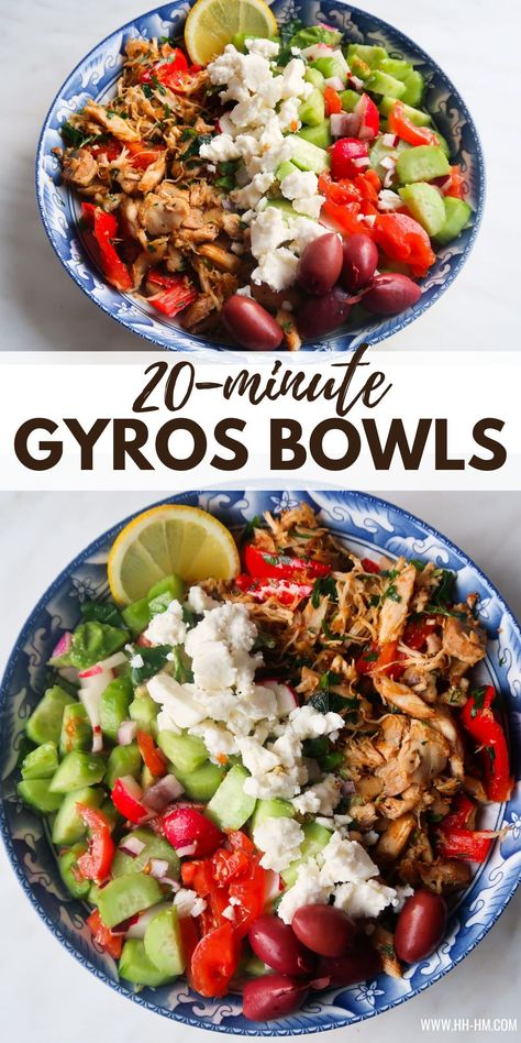 You will be looking forward to leftovers from rotisserie chicken once you try these leftover chicken gyros bowls! This Mediterranean recipe is easy, quick, super flavorful, fresh and filled with healthy ingredients. Healthy Dinners With Rotisserie Chicken, Rotisserie Chicken Gyros, Healthy Meals Rotisserie Chicken, Recipes To Use A Rotisserie Chicken, Recipe Rotisserie Chicken Leftovers, Mediterranean Pulled Chicken, Rotisserie Chicken Greek Bowl, Rotisserie Chicken Recipes Mediterranean, Gyro Casserole Recipe