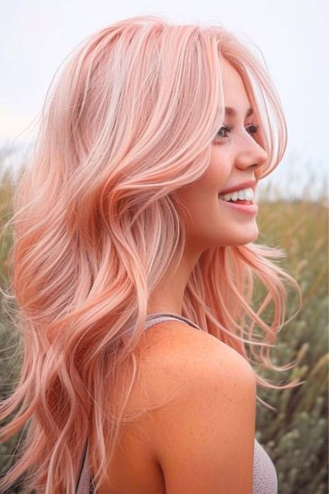 Pink Rinse On Blonde Hair, Pink Strawberry Blonde Hair, Light Rose Gold Hair Blonde, Rose Gold Toned Hair, Rose Colored Hair, Pink Highlights In Blonde Hair, Dusty Rose Hair Color, Peachy Blonde, Coral Pink Hair