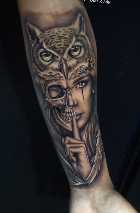 Woman Face Tattoo Ideas, Owl Indian Tattoo, Owl Lady Tattoo, 2 Owls Tattoo, Owl Leg Tattoo Men, Woman Face Tattoo For Men, Native American Owl Tattoo, Calf Tattoo Ideas, Sarah Tattoo