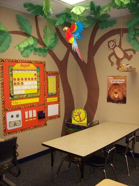 Classroom decorating Rainforest Classroom, Classroom Tree, Jungle Theme Classroom, Jungle Thema, Classroom Decor Themes, Forest Theme, Class Decoration, Classroom Design, Classroom Setup