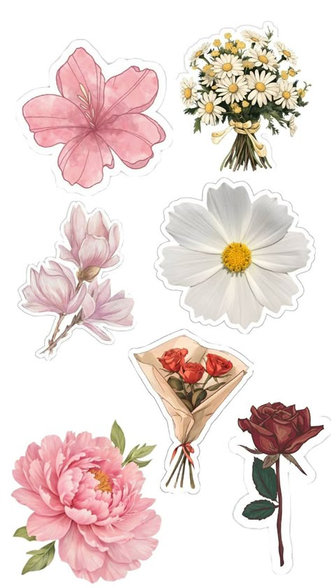 Flowers Stickers For Journal, Free Printable Stickers Flowers, Digital Journal Stickers Aesthetic, Flower Stickers Aesthetic Printable, Cute Pastel Stickers, Aesthetic Stamps, My Diary Ideas, Sticker Motive, Vintage Aesthetic Stickers Printables