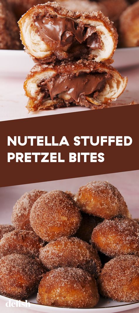 These soft pretzel bites are STUFFED with Nutella. Get the recipe at Delish.com. #recipe #easy #easyrecipes #delish #nutella #pretzel #bites #dessert #chocolate #butter #cinnamon #sugar Nutella Pretzel, Stuffed Pretzel Bites, Nutella Muffin, Soft Pretzel Bites, Pretzel Bites Recipes, Nutella Desserts, Butter Cinnamon, Homemade Pretzels, Nutella Brownies