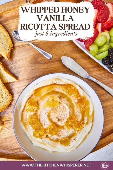 Just 3 ingredients are needed to make this easy & incredibly delicious recipe. From bagels to desserts, fruit to crostini, this is truly irresistible! Deliciously Easy 3-Ingredient Vanilla Honey Whipped Ricotta, sweetened ricotta, ricotta spread, dessert ricotta, uses for leftover ricotta, bagel spread, crostini spread, cheesy dip, fruit dip Ricotta Dip Recipes Desserts, Whipped Ricotta Dessert, Whipped Ricotta Dip Honey, Whipped Riccota, Whipped Ricotta Appetizer, Whipped Ricotta Crostini, Honey Ricotta Dip, Dessert Crostini, Whipped Honey Ricotta