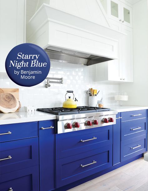 The paint color: Starry Night Blue (2067-20) by Benjamin Moore, a bold indigo hue that conjures the color of a sapphire sky lightened by stars. Why we love it: This deep pigment is a great go-to when looking to energize a space with a jolt of color. Blue Glass Countertops Kitchen, Painted Millwork, Cobalt Blue Kitchens, Colorful Cabinets, Lower Cabinets, Painted Kitchen Cabinets Colors, Blue Kitchen Cabinets, Bedroom Remodel, Blue Cabinets