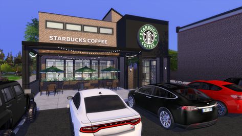 Starbucks Bloxburg Build, Sims 4 Starbucks Build, Starbucks Layout, Starbucks Exterior Design, Bloxburg Starbucks Ideas, Starbucks Exterior, Sims 4 Starbucks Cc, Starbucks Building, Bloxburg Starbucks