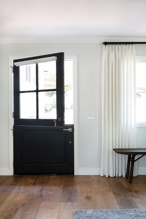 Black Dutch Door, Dutch Front Door, White Ladder Shelf, Folk Victorian House, Red Brick Pavers, French Console Table, Folk Victorian, Satin Nickel Hardware, Wood Floors Wide Plank