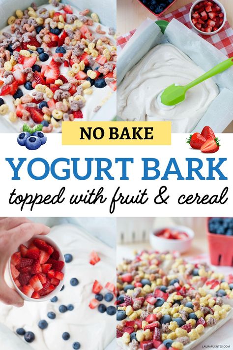 no-bake frozen yogurt bark Yogurt Cereal Bars, Frozen Yogurt Fruit, Cereal Bars Homemade, Bake Snacks, Healthy Frozen Yogurt, Frozen Yogurt Bark, Work Recipes, Fruit Cereal, Berry Yogurt