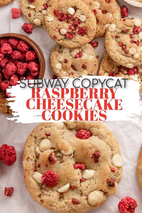 Copycat Subway Raspberry White Chocolate Cookies, Subway Raspberry Cookies, Rasberry Cheesecake Subway Cookies, Subway Raspberry Cheesecake Cookies Recipe, Subway Cookies Raspberry Cheesecake, Subway Cheesecake Cookies, Gooey Raspberry White Chocolate Cookies, Raspery Cookie, Subway Strawberry Cheesecake Cookies