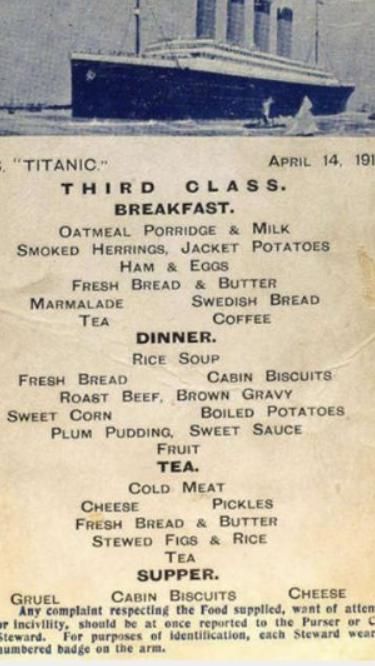 Menu for 3rd class passengers' meals on the RMS Titanic in 1912, There was no such thing as lunch in 2022 | Oatmeal porridge, Sweet sauce, Rice soup Swedish Bread, Oatmeal Porridge, Ham And Eggs, Cold Meat, Plum Pudding, Jacket Potato, Brown Gravy, Rms Titanic, Rice Soup