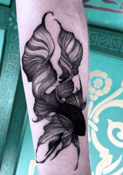 Dragon Coverup Tattoo, Black Fish Tattoo Design, White Tattoo Cover Up, Fish Tattoo Cover Up, Dark Fish Tattoo, Black And Grey Fish Tattoo, Black Coverup Tattoo Ideas, Black And White Betta Fish Tattoo, Black And White Fish Tattoo