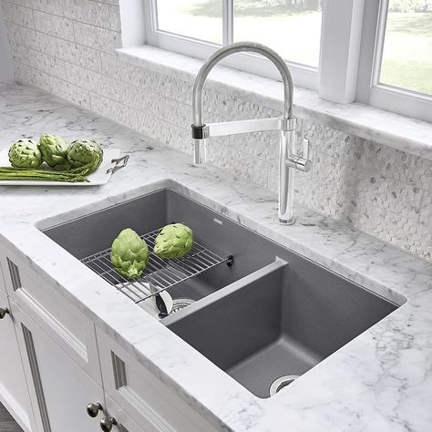 Double Bowl Undermount Kitchen Sink, Double Basin Kitchen Sink, Silgranit Sink, Contemporary Style Kitchen, Kitchen Sink Design, Space Saving Kitchen, Kitchen Buffet, Double Bowl Kitchen Sink, Sink Design