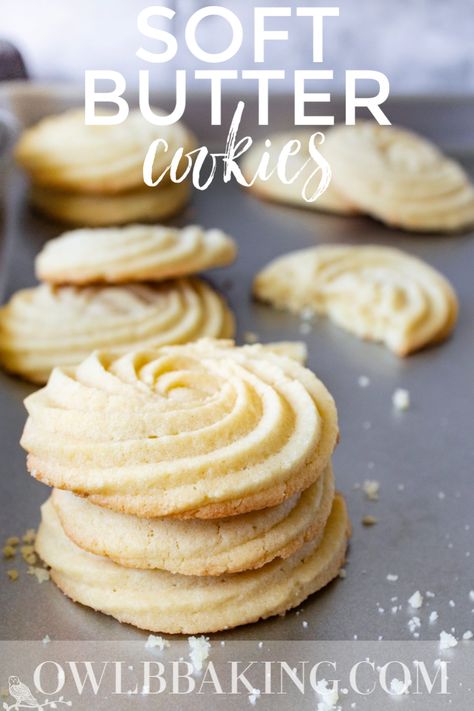 These Soft Butter Cookies are delicate, tender and are melt in your mouth buttery! Also sometimes called Danish Butter Cookies, these cookies have a classic swirl design. The best, basic butter cookie recipe. #buttercookies #danishbuttercookies #basicbuttercookies #cookierecipes #softcookies Butter Cookies To Decorate, Quick Homemade Cookies, Soft Butter Cookies Recipe, Soft Butter Cookies, Danish Butter Cookies, Butter Cookie Recipe, Butter Cookies Recipe, Homemade Butter, Butter Cookie