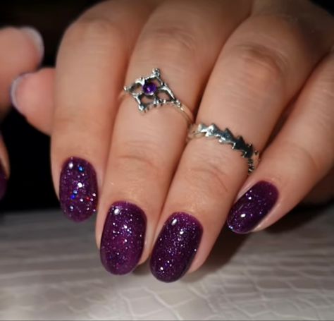 Purple Nails New Years, Purple Sparkly Nails Short, Sparkly Nails Purple, Purple Nail Aesthetic, Dark Purple Sparkly Nails, Mazzy Star Nails, Sparkle Purple Nails, Purple Nails Sparkle, Dark Purple Glitter Nails