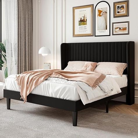 Amazon.com: SHA CERLIN Queen Size Velvet Bed Frame with Vertical Channel Tufted Wingback Headboard, Upholstered Platform Bed with Wood Slats, No Box Spring Needed, Easy Assembly, Black : Home & Kitchen Modern Style Bed, Velvet Bed Frame, Cama King Size, Lit King Size, King Size Bed Frame, Wingback Headboard, Queen Size Bed Frames, Velvet Bed, Queen Bed Frame