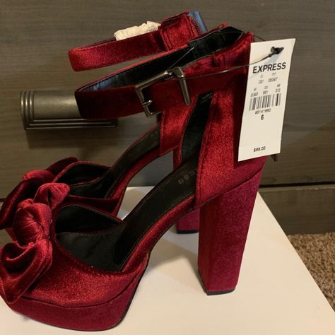 I Don’t Have The Box For This Shoes, However It Is Brand New, Very Sexy, Wine Color, Velvet, With A Bow Detail Red Heel Shoes, Quinceanera Shoes Burgundy, Red Dress With Red Heels, Red Heels Quince, Red Thick Heels, Quince Heels Red, Descendants Inspired Outfits Red, Brand Shoes, Vampire Heels