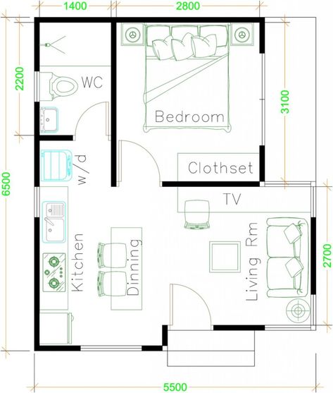 Small House Plan Ideas For Different Area - Engineering Discoveries House Plan Ideas, Gable Roof House, One Bedroom House Plans, Grandma Cottage, House Design Plans, Granny Pod, One Bedroom House, Flat Roof House, One Bedroom Flat