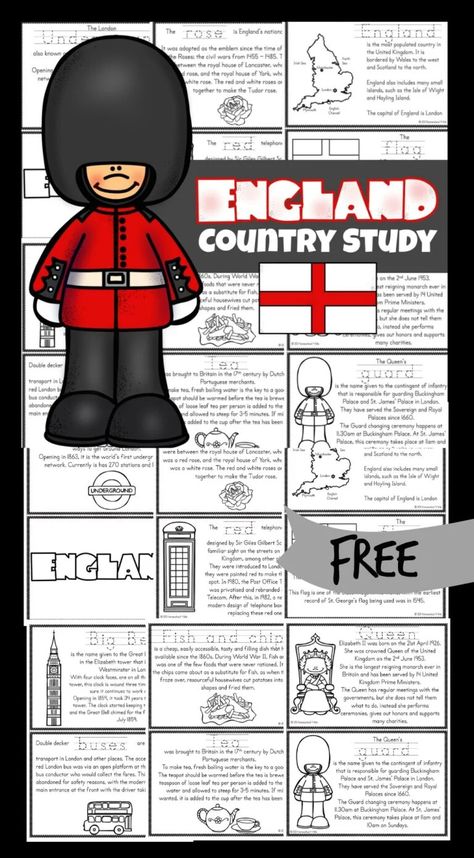 Do you fancy a cup of tea and some fish and chips as we learn about England for Kids? These England Printables allows kids to color, read and learn fascinating facts about the United Kingdom famous for the Royal Family, Windsor Castle, notorious guards, Big Ben, double decker red buses, driving on the 'wrong' side of the road, and the charming British accent. This England country study is such a fun way to explore another country from around the world. Use the England coloring pages filled with Facts About England, Around The World Crafts For Kids, Germany For Kids, All About China, Country Study, Around The World Theme, Geography For Kids, Continents And Oceans, Country Studies