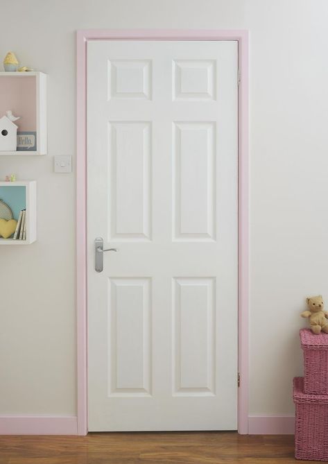 Pink Door Frame, Door Frame Painting Ideas, Door Frame Painting, Painted Door Frames, Hallway Wainscotting, Painted Bedroom Doors, Bathroom Light Bar, Pastel Home Decor, Wall Colour