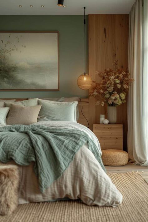 Small Contemporary Bedroom Ideas, Bedroom Zen Style, Luxurious Bedroom Decor Ideas, Bedroom Decor Sage Green, Light Wood Bedroom, Calming Bedroom Ideas, Earthy Modern Bedroom, Idea Bilik Tidur, Modern Organic Bedroom