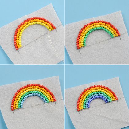 Seed Beads Rainbow Brooch | Pandahall Inspiration Projects Seed Bead On Felt, Seed Beading Patterns, Rainbow Brooch, Beaded Rainbow, Seed Bead Projects, Arabic Dress, Beaded Shirt, Rainbow Pin, Felt Beads