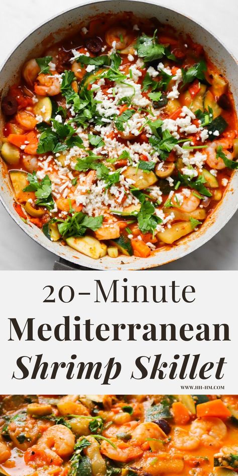 20-Minute Mediterranean shrimp skillet recipe! One of the best Mediterranean diet recipes! This Mediterranean skillet with shrimp, feta cheese and vegetables is easy, healthy and delicious! #Mediterranean #shrimprecipe Health Mediterranean Dinner, Mediterranean Seafood Stew, Meditterean Diet Salmon Recipes, Medtrain Food, Mediterranean Shrimp Skillet, Mediterranean Spaghetti Recipes, Meteranian Salmon Recipes, Quick Mediterranean Dinner Ideas, Moroccan Shrimp Recipes