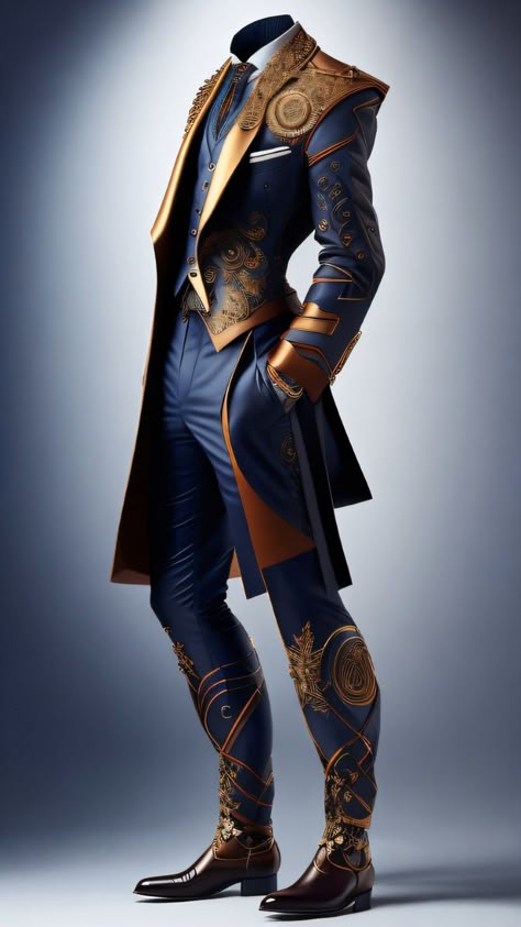 Fancy Suits For Men Classy, Blue And Gold Suit, Fantasy Suits Male, Blue Outfits Men, Fantasy Fashion Male, Fantasy Suit, Stylish Mens Suits, Classy Suits, Fancy Suit