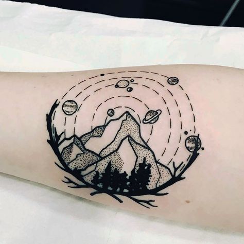 So pleased with my new tattoo #tattoo #universe #planets #tattoos #mountains #landscape Forest And Space Tattoo, Mountain And Space Tattoo, Mountain Space Tattoo, Space Mountain Tattoo, Planets Tattoos, Tattoos Mountains, Tattoo Universe, Belly Henna, Planet Tattoo