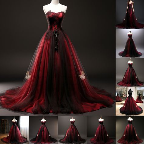 Red Black And White Wedding Dresses, Wine Red Wedding Dress, Fantasy Ball, Black Red Wedding, Goth Prom, Sweet Sixteen Dresses, Black Wedding Gowns, Prom Dress Inspo, Goth Clothes