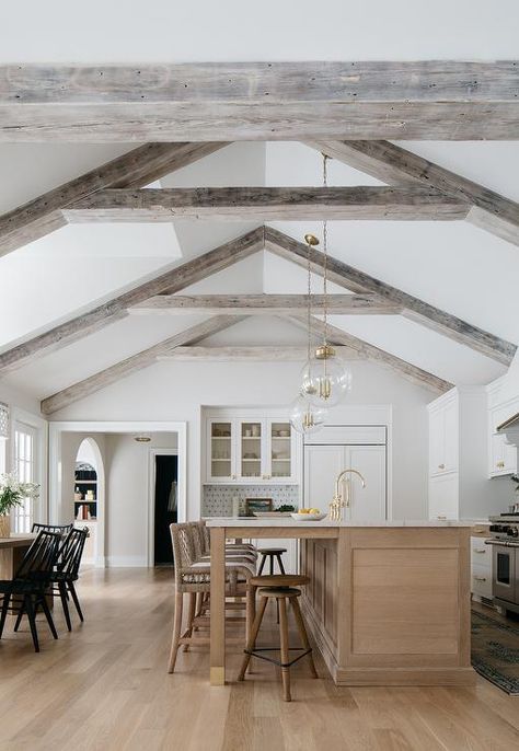 Brown Rope Stools at Brown Brushed Oak Island - Cottage - Kitchen Brick Herringbone Floor, Ceiling Beams Living Room, Beams Living Room, Vaulted Ceiling Living Room, Kate Marker Interiors, Herringbone Floor, Unique Flooring, Floor To Ceiling Windows, Cathedral Ceiling