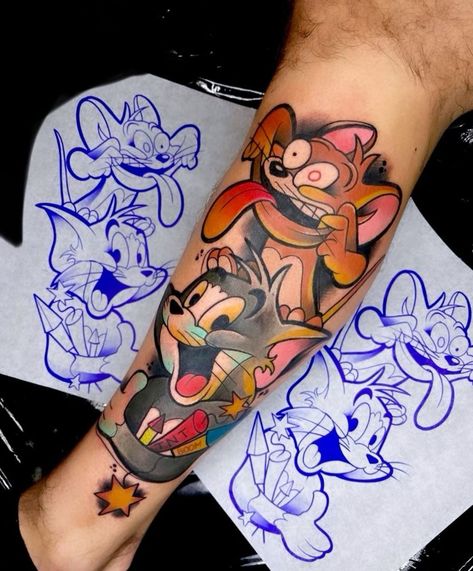 Cartoon Arm Sleeve Tattoo, Tom Jerry Tattoo Design, Tom N Jerry Tattoo, Tom Y Jerry Tattoo, Tom And Jerry Tattoos, Tom And Jerry Tattoo Design, Cartoon Sleeve Tattoo, Tom And Jerry Tattoo Ideas, Tattoo Designs Taurus