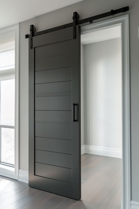 30 Sleek Barn Door Closet Ideas for a Minimalist Look Door Closet Ideas, Barn Door Ideas, Modern Closet Doors, Makeover Kamar Mandi, Barn Door Pantry, Bathroom Barn Door, Modern Sliding Barn Door, Barn Door Closet, Sliding Door Design