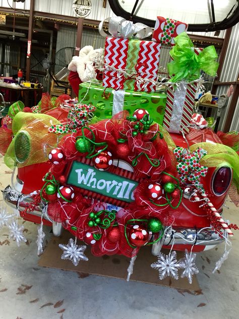 Looks as loaded down as the sled in the movie.  Grinch Sled The Grinch Christmas Parade Float Ideas, Grinch Golf Cart Parade, Holiday Parade Floats Grinch, Grinch Sled Diy, Whoville Trunk Or Treat Ideas, Elf Christmas Float Ideas, Golf Cart Christmas Parade Ideas Grinch, Grinch Car Decorations For Parade, Truck Decorations For Parade Christmas