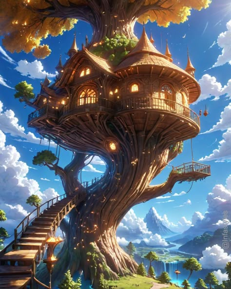 The Treehouse Like, comment & follow @infastyles #treehouse #elves #inspiration #camp #home #anime #ai #fantasy #magical #community #trail #explore #beautiful #nature #design #style #poster Tree House Anime, Treehouse Fantasy Art, Fantasy Treehouse, Building Inspiration, Tree Houses, Book Nook, Fantasy Concept Art, Book Nooks, Nature Design