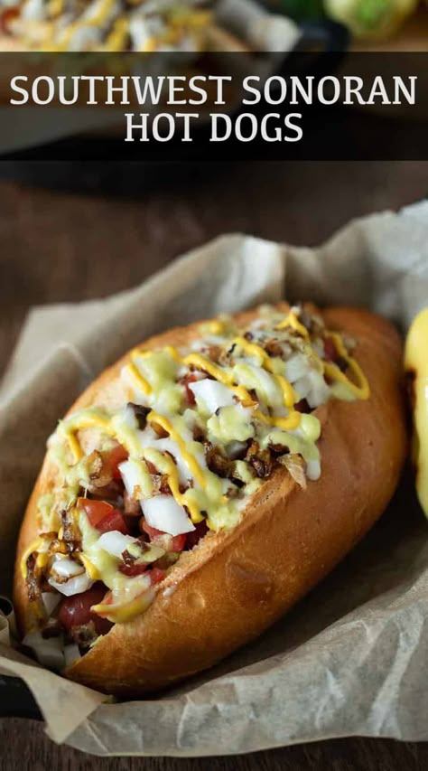 Dirty Dogs Recipe, Street Hot Dogs Recipes, Sonoran Dogs Recipe, Cheese Hot Dog Recipes, Mexican Hotdogs, Jalapeno Hot Dogs, Best Hot Dogs, Tailgate Hot Dogs, Hot Dog Toppings Ideas