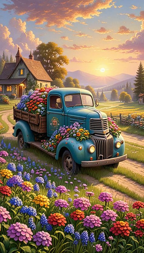 Old truck full of flowers in a field - AI creation Truck Full Of Flowers, Flowers In A Field, Farm Pictures, Old Truck, Flower Wallpapers, Soyut Sanat Tabloları, Cute Flower Wallpapers, Old Farm, Old Trucks