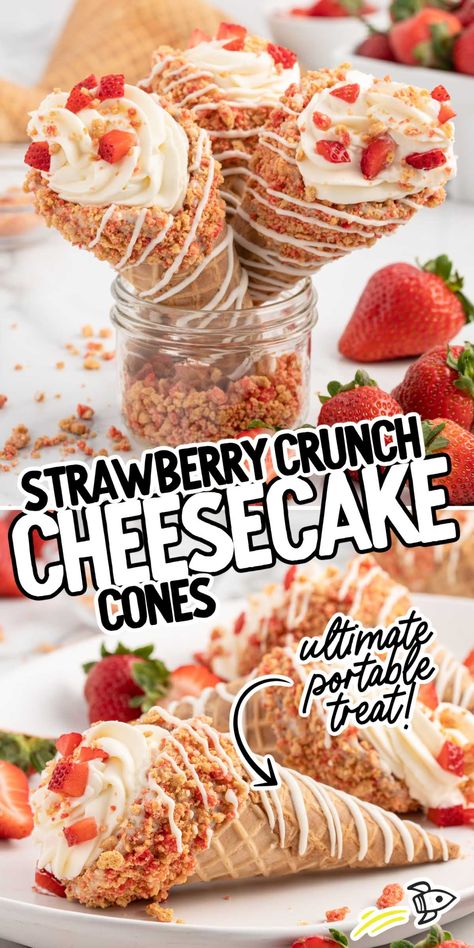 Strawberry Crunch Cheesecake Cones with creamy cheesecake filling and crunchy white chocolate coated waffle cones are an easy homemade treat your family will love! Mini Waffle Cones Recipe, Dessert Ideas For Selling, Strawberry Cheesecake Waffle Cone, Strawberry Cheesecake Cones Recipe, Strawberry Cheesecake Stuffed Cones, Fair Desserts, Desserts With Waffle Cones, Strawberry Crunch Cones, Waffle Cone Desserts