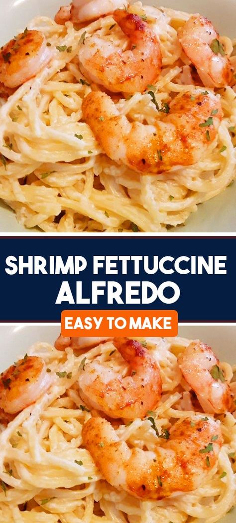 Easy Shrimp Fettuccine Alfredo - a quick and easy fettuccine Alfredo recipe. Add shrimp for a romantic and simple dish that can be served any night of the week. In a thick, creamy, and cheesy Parmesan sauce, tender shrimp are encased in this shrimp recipe. Easy Shrimp Fettuccine, Shrimp Fettucini, Alfredo Pasta Recipes Easy, Easy Fettuccine Alfredo, Shrimp Alfredo Pasta Recipes, Easy Fettuccine, Italian Appetizers Easy, Shrimp Pasta Recipes Easy, Shrimp Alfredo Recipe