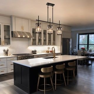 Kitchen With Built In Dining Table, Island Kitchen Lighting Pendants, Black Kitchen Island Grey Cabinets, Black Island Dark Floors, Sky Light Lighting, Open Kitchen With Big Island, Unique Light Fixtures Kitchen, Modern Kitchen With Vaulted Ceiling, Bronze And White Kitchen