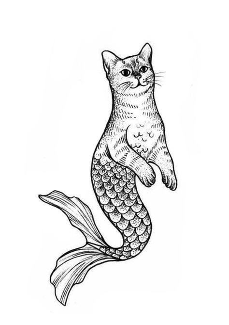 Black And White Animal Tattoos, Cat Mermaid Tattoo, Weird Tattoos Unique, Mermaid Tail Tattoo, Aquatic Tattoo, Cat Mermaid, Arte Indie, Mermaid Tattoo, Tattoo Portfolio