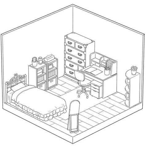 Room Drawing, Bedroom Drawing, Isometric Drawing, Perspective Drawing Lessons, Isometric Art, Isometric Illustration, Color By Numbers, Devices Design, Bedroom Layouts