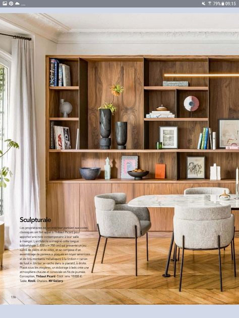 Mid Century Modern Living Room Built In Cabinets, Mcm Built In Bookcase, Bookcase In Dining Room Ideas, Mid Century Bookshelf Styling, Mid Century Modern Built Ins Bookshelves, Midcentury Built In, Scandinavian Built Ins, Large Bookcase Living Room, Mid Century Built In Bookshelves