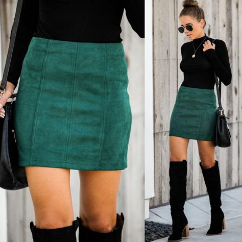 Suede Dress Outfit, Suede Skirt Outfit, Green Skirt Outfits, Corduroy Skirt Outfit, Skirt Outfits Fall, Winter Skirt Outfit, Miniskirt Outfits, Suede Mini Skirt, Autumn Clothes