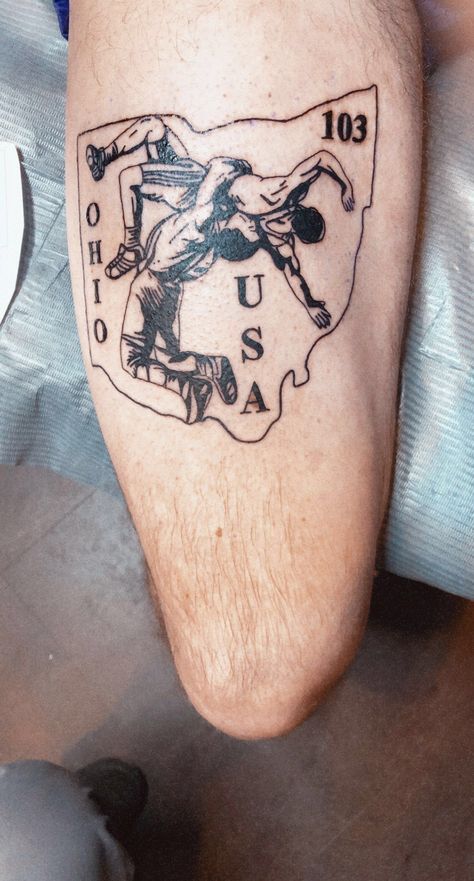 #wrestling #ohiowresling #usawrestling #tattoo Traditional Wrestling Tattoo, Tattoo Ideas Wrestling, Usa Wrestling Tattoo, Wrestling Tattoos Ideas, Greek Wrestling, Wrestling Tattoos, Ohio Tattoo, Usa Wrestling, State Tattoos