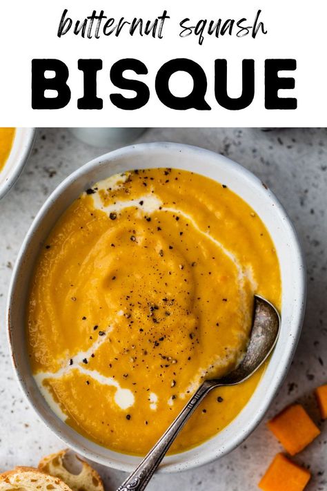 Start the fall season on the right foot with this rich and creamy Butternut Squash Bisque! Easy to make in one pot with warm spices and seasonal produce, the fall flavors make this ultra-creamy bisque completely irresistible. Squash Bisque, Vegetarian Recipes For Beginners, Butternut Squash Bisque, Creamy Butternut Squash, Seasonal Produce, Delicious Gluten Free Recipes, Fall Flavors, Healthy Soup Recipes, Delicious Vegetarian