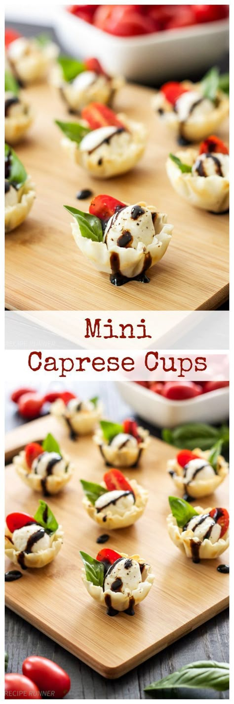 Caprese Cups, Recipe Runner, One Bite Appetizers, Phyllo Cups, Cold Appetizers, Appetizer Bites, בר מצווה, Buffalo Chicken Dip, Finger Food Appetizers