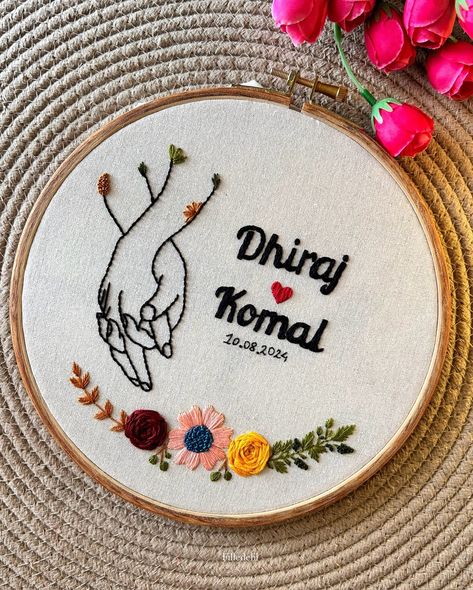 This very pretty Custom Hoop Art Embroidered for @komal_hemrajani 🫶 DM to Shop/CUSTOMISE ✅ Shipping all over India 📦 (Ring ceremony gift, embroidered gift, gifting, ring ceremony gift ideas, engagement gifts, handmade gifts, handmade embroidery, embroidered products, unique artwork, unique gifting, custom embroidery, Couple gift, couple gifting, handmade gifts , gifts for him, gifts for her) #embroidery #artwork #gifting #ringceremony #couplegifts #couplegift #enagement #engagementgift #f... Embroidery Design For Couple, Embroidery Couple Design, Embroidery Person, Embroidery Hoop Designs, Embroidery Couple, Engagement Gifts For Him, Wedding Embroidery Hoop, Embroidery Theme, Embroidery Hoop Decor