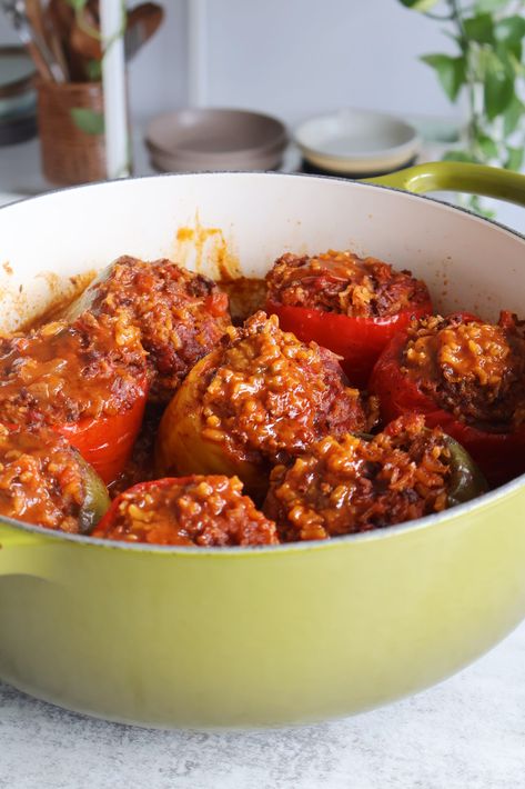 Meat & Rice Stuffed Peppers - Something Nutritious Stuffed Peppers Couscous Beef, Veggie Couscous, Seasoned Chicken Thighs, Chicken And Couscous, Rice Stuffed Peppers, Couscous Dishes, Stuffed Peppers With Rice, Shabbat Table, Main Salad