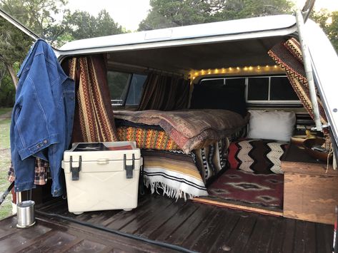 Mine and my pups camping setup. 1977 Chevy C-10. Truck Topper Camping, Camping Beds, Camping Life Hacks, Pickup Camping, Camping Setup, Truck Camper Shells, Truck Living, Truck Bed Camping, Pickup Camper