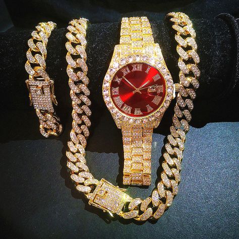 Big Gold Chains, Iced Out Watch, Expensive Jewelry Luxury, Watch Set, Link Chain Bracelet, Estilo Punk, Expensive Jewelry, Cuban Link Chain, Necklace Choker