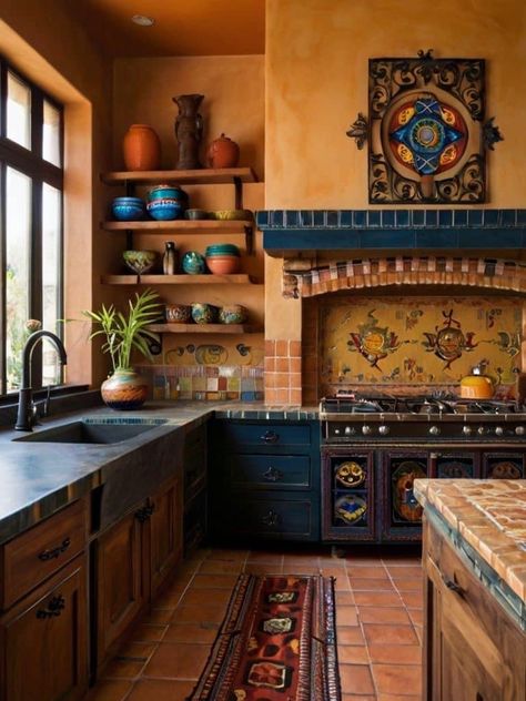 Hacienda Style Homes Mexican Kitchen, Mexican Houses Interior, Moroccan Kitchen Design, Hacienda Style Homes Mexican, Hacienda Style Kitchen, Kitchen Exhaust Fan, Hacienda Kitchen, Spanish Home Decor, Hacienda Style Homes